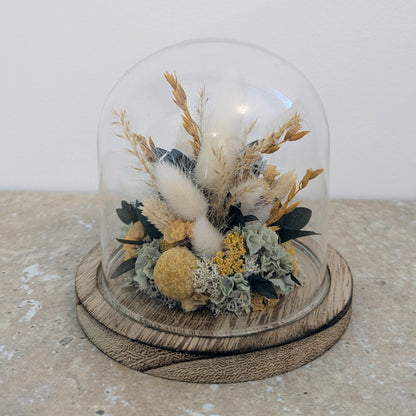 Bouquet sous cloche jaune, blanc et vert
