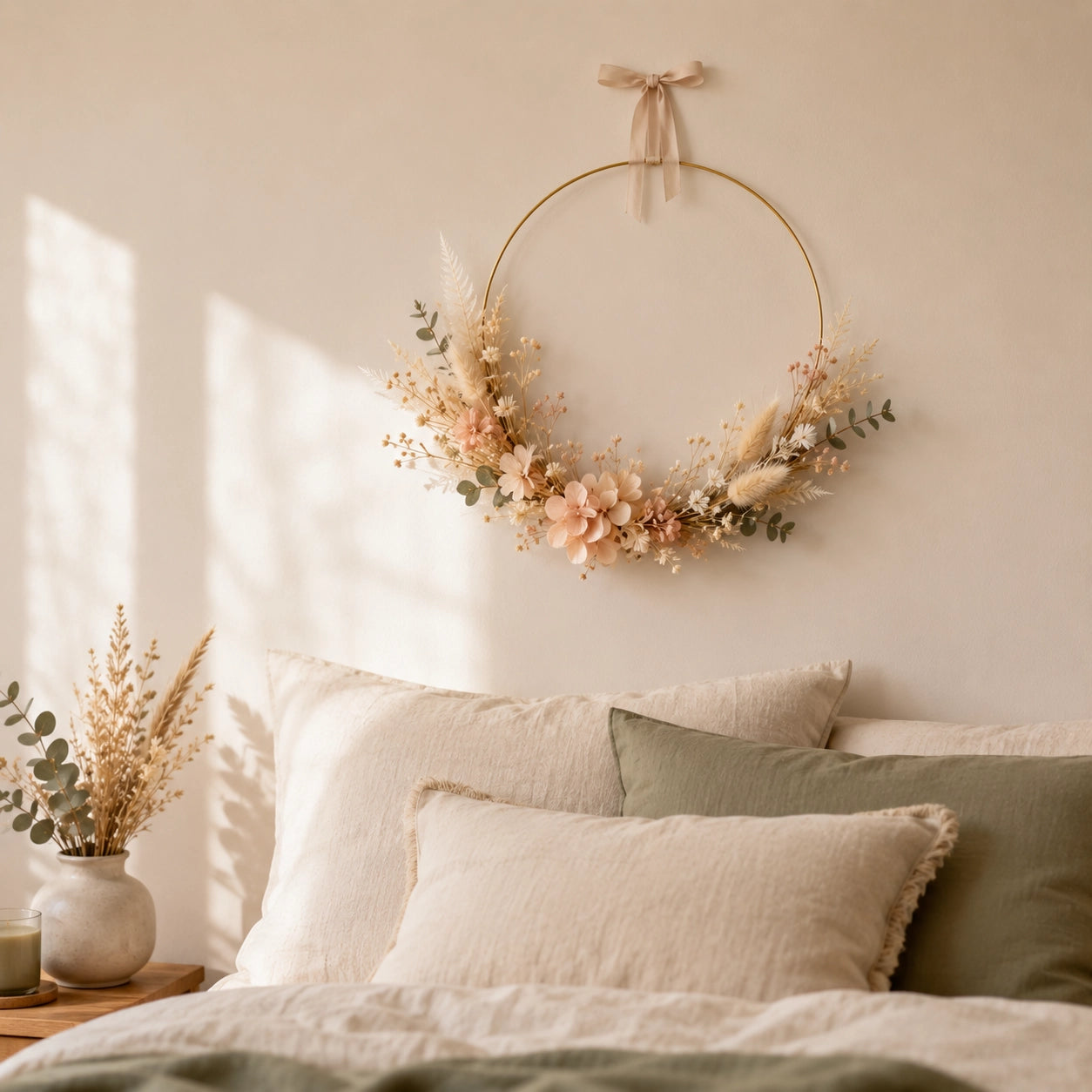 Couronne de fleurs séchées dans une chambre