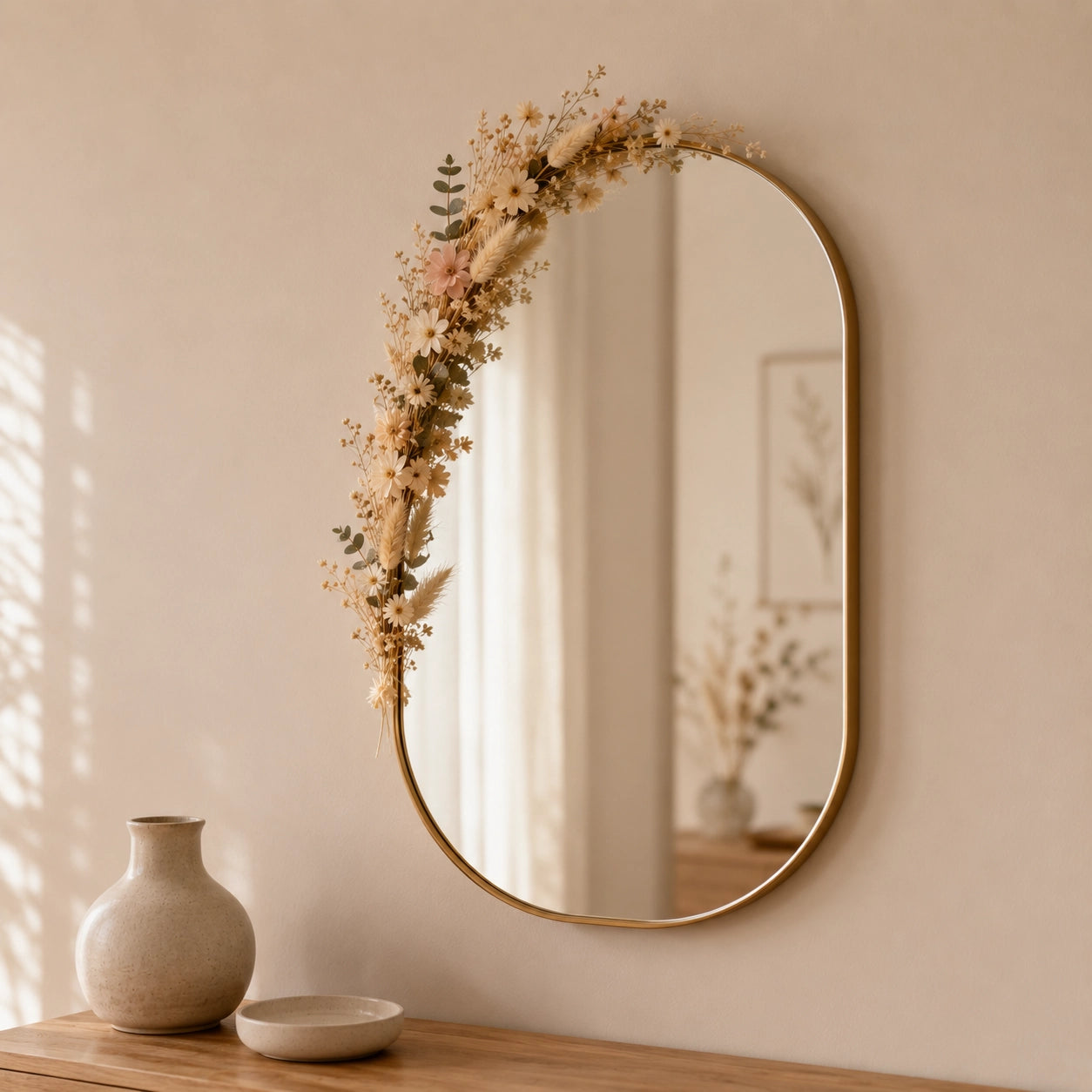 Fleurs séchées autour d'un miroir